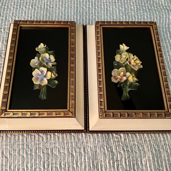 Pair of Vintage Porcelain Flowers in Shadow Boxes Made in Italy Vintage 13x9 Capodimonte Style Porcelain Flowers in Shadow Box Vintage Decor