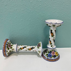 Vintage Ceramic Decorative Candlesticks Hand Painted Signed Floral Candlesticks Decorative Fine Ceramic Pair of 7.5” Candlesticks Vintage