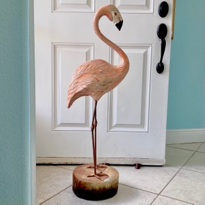 Vintage 40” Carved Wood Flamingo with Iron Legs on Stump Base, Vintage Tall Flamingo Wood Carving, Flamingo Art Sculpture, Tropical Decor