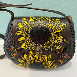 Vintage Sunflower crossover leather purse made from genuine Mexican leather