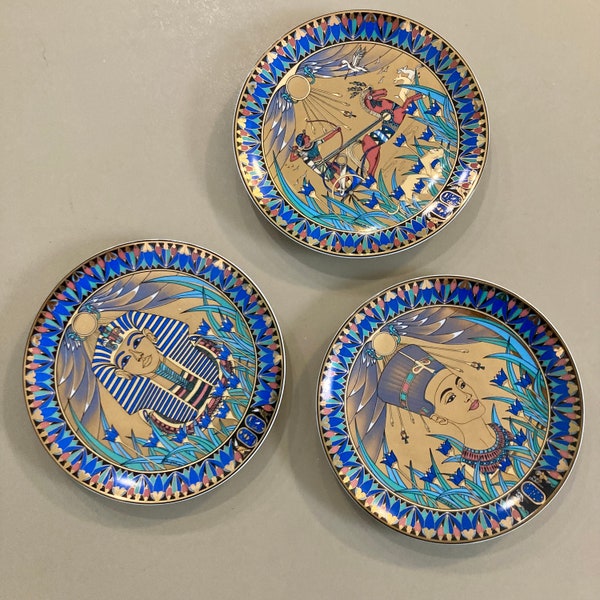 3 Royal Worcester Legends of the Nile Decorative Plates Nefertiti, The Golden Mask of Tutankhamen and Tutankhamen at The Hunt Golden Plates