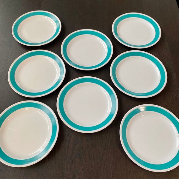 8 Corelle Teal Sundance Salad Plates, 8 Corelle Teal Stripe 7.25” Salad/Luncheon Plate, Vintage Corelle Sundance Teal Stripe Plates Set of 8