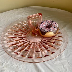 Pink Depression Glass 10” Platter, Vintage Optic Pink Depression Glass Handled Serving Plate, 10” Pink Depression Glass Serving Platter