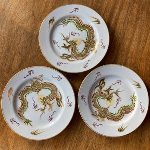 Three Vintage Golden Dragon Plates with Red Stamp, 3 Vintage 7” Gold Dragon Plates with Gold Trim, Vintage Lucky Golden Dragon Plates