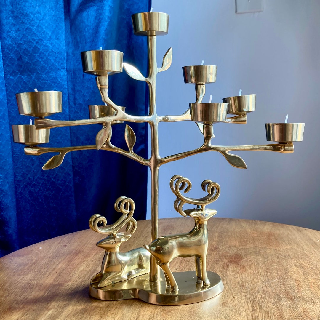 Vintage Solid Brass Candelabra With Reindeer, Vintage Solid Brass 9