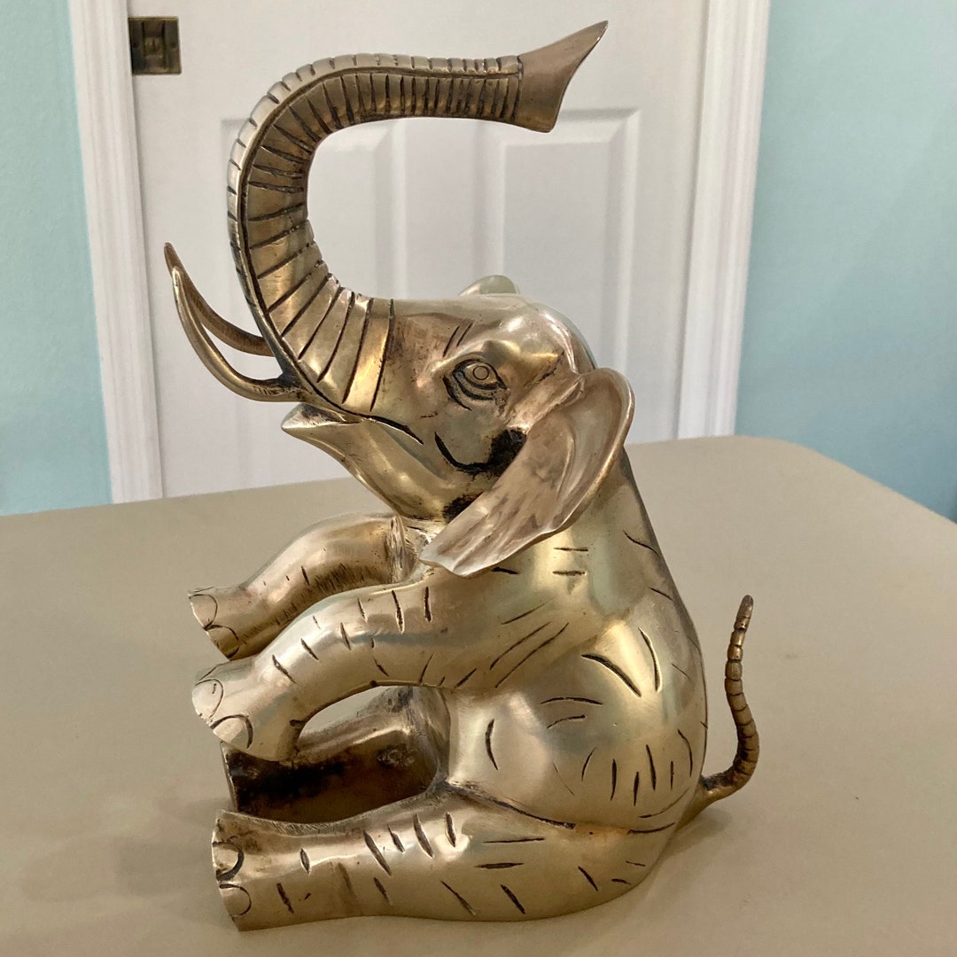 11.5 Vintage Elephant Statue Trunk up Bronze Elephant Statue, Seated