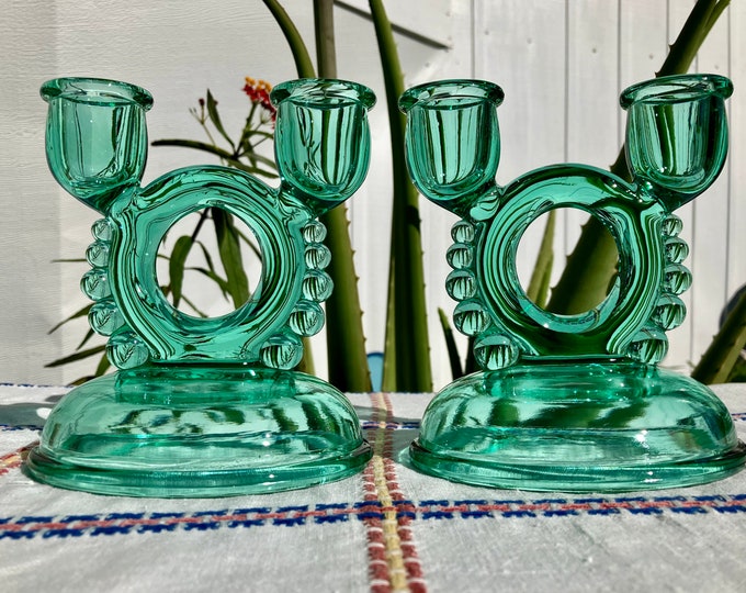 RARE Teal Imperial Glass Candlewick Double Candlestick Holder Pair