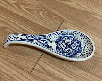 Vintage Thick Ceramic Spoon Rest, Hand Painted Pottery 8.5” Spoon Rest, Large Vintage Spoon Rest