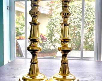 Vintage 13” Heavy Brass Candlestick Pair, Vintage Solid Brass Candlesticks, Tall Brass Candlestick Pair, Geometric Candlestick Pair MCM