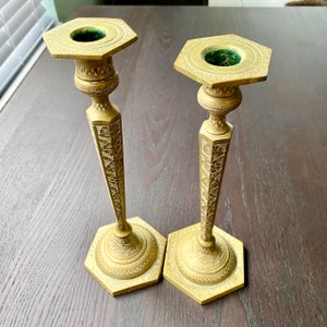 Antique 11” Brass Candlesticks, Ornate Etched Heavy Brass Candlesticks Persian Style, Ornate Solid Brass Candlestick Pair Oriental Style