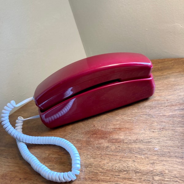 Vintage Burgundy Phone, Vintage Scarlet Colored Telephone with White Cord, Vintage Wine Colored Telephone 1980s 1990s TESTED AND WORKS