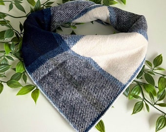 Atlas - Dog Bandana Tartan Blue Cream White Thick Cotton Plaid Tweed Winter Scarf, Puppy Scarf - Pet Gift