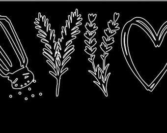 May include: A black and white illustration of a salt shaker pouring salt, two sprigs of rosemary, and a heart.
