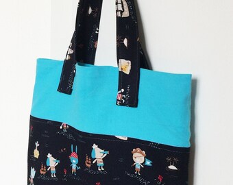Bag for friends book, children's bag for boys, blue, turquoise, pirates, bears, dogs, cats