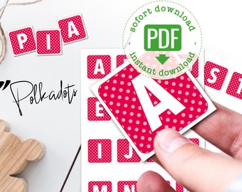 Alphabet cards "Polkadots", printable flashcards, clear sans serif font, design ABC cards square Download