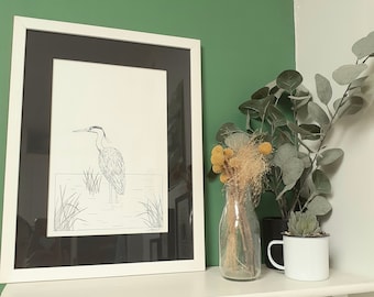 Painting heron indian ink