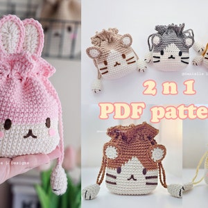 Bunny and Cat drawstring pouch bag crochet pattern | 2 in 1 crochet pattern