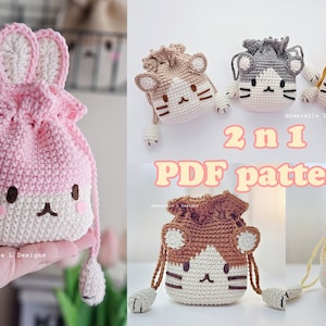 Bunny and Cat drawstring pouch bag crochet pattern | 2 in 1 crochet pattern