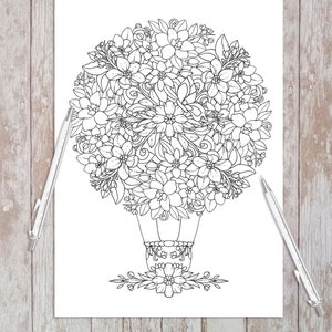 Flower Air Balloon- Printable Adult Coloring Pages (Coloring book pages for adults and kids, Coloring sheets, Colouring designs)