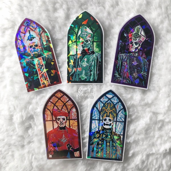 Ghost ‘Windows to Hell’ STICKERS  |||  Holographic Stained Glass The Band Ghost BC Papa Emeritus Cardinal Copia Terzo Primo Secondo Papa IV
