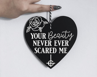 Ghost "Mary on a Cross" 12.5cm – Wooden Heart Wall Art Hanging Sign – Spooky Satanic Pope Ghost Ghoul Band Papa
