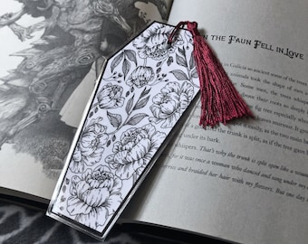 White Coffin Shaped Bookmark with Floral Design & Red Silk Tassel || Gothic Goth Casket Victorian Spooky Dark Bookworm Reader Books Author