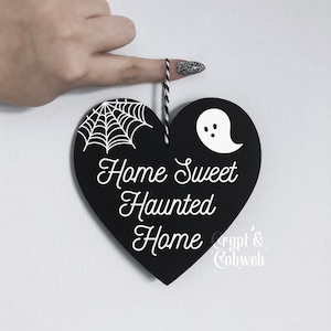 Home Sweet Haunted Home - 12.5cm Black Wooden Heart Wall Hanging || Spooky Ghost Cute Halloween Haunted House Goth Gothic Cobweb