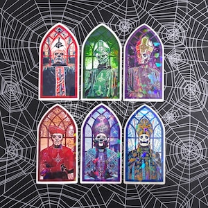 Hell Window Holographic Stickers  – Spooky Satanic Pope Ghost Ghoul Band Papa Cathedral Stained Glass Stickers