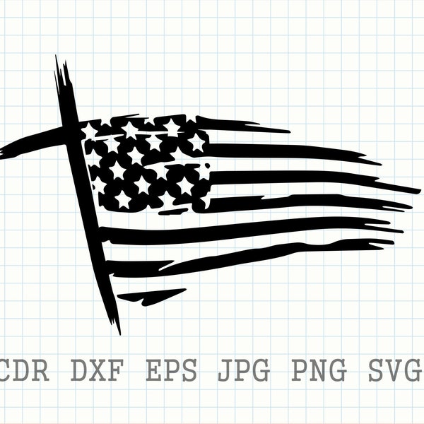 Bandera de la cruz svg, bandera estadounidense svg, clipart de la bandera de los Estados Unidos, impresión patriótica, bandera angustiada svg
