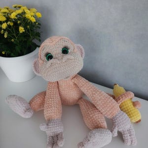 Handmade Crochet Monkey Plush with Banana, Soft Stuffed Monkey Toy, Cute Animal Plush, Unique Gift for Kids, Soft Animal Plush Toy.