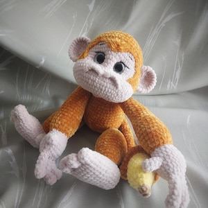 Handmade Crochet Monkey Plush with Banana, Soft Stuffed Monkey Toy, Cute Animal Plush, Unique Gift for Kids, Soft Animal Plush Toy.