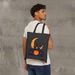 Haunted Castle Halloween Tote Bag | Jack-O'-Lantern Moon Trick-or-Treat