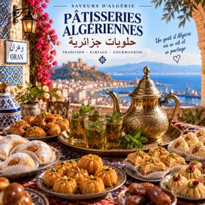 May include: A spread of Algerian pastries including baklava, almond crescents, and honey-glazed cakes, served with mint tea in a metallic teapot and glasses. The background features a coastal city view with text reading Saveurs d'Algérie.