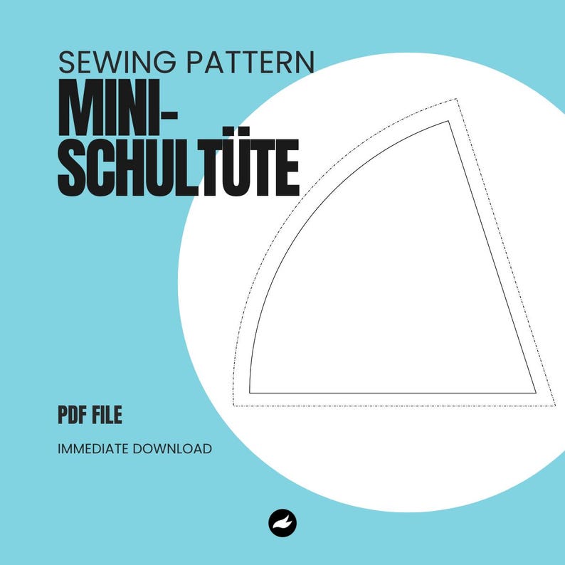 May include: Sewing pattern for a mini school bag, also known as a "Schult&uuml;te", with a PDF file for immediate download. The pattern is a simple, curved shape with dotted lines for cutting.
