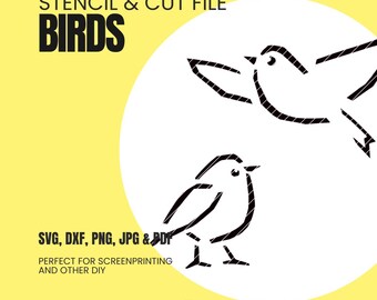 May include: A digital download file for a stencil and cut file of two birds. The file is available in SVG, DXF, PNG, JPG, and PDF formats. The text "STENCIL & CUT FILE BIRDS" is at the top of the image. The text "SVG, DXF, PNG, JPG & PDF" is at the bottom of the image. The text "PERFECT FOR SCREENPRINTING AND OTHER DIY" is below the file formats.
