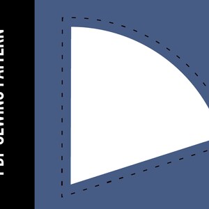 May include: A sewing pattern for a curved shape, outlined in black dashed lines on a blue background. The text "PDF SEWING PATTERN" is on the left side of the image.