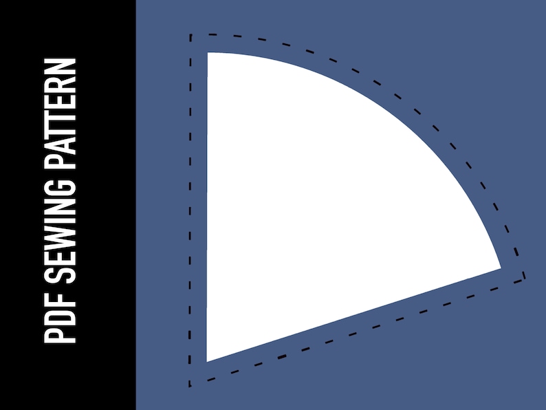 May include: A sewing pattern for a curved shape, outlined in black dashed lines on a blue background. The text "PDF SEWING PATTERN" is on the left side of the image.