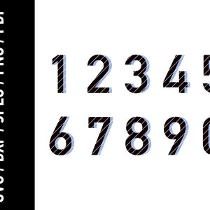 May include: A set of black numbers 0-9 with diagonal white stripes, each with a light blue shadow. The numbers are displayed on a white background. The left side of the image has the text "SVG / DXF / JPEG / PNG / PDF".