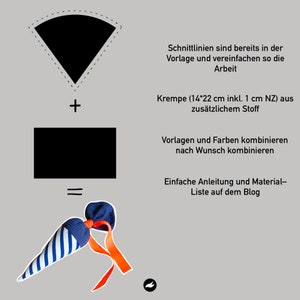 May include: Instructions for making a party hat with a blue and white striped fabric and orange ribbon. The instructions include a diagram showing the pattern pieces needed to create the hat.