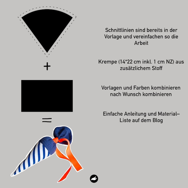 May include: Instructions for making a party hat with a blue and white striped fabric and orange ribbon. The instructions include a diagram showing the pattern pieces needed to create the hat.