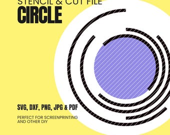 May include: A digital download file for a circle stencil. The image shows a black and white circle design with a purple circle in the centre. The text "STENCIL & CUT FILE CIRCLE" is at the top of the image. The text "SVG, DXF, PNG, JPG & PDF" is at the bottom of the image. The text "PERFECT FOR SCREENPRINTING AND OTHER DIY" is below the file types.
