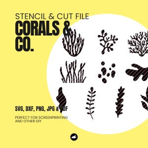Set di 10 stencil con coralli e piante sottomarine, perfetti per una facile serigrafia, lamine o altre stampe (formato svg, dxf, pdf e png)