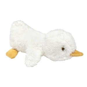Puede incluir: Un juguete de peluche blanco con forma de pato. El pato tiene un pico y patas amarillas, y un pequeño ojo marrón. El juguete está tumbado y tiene una textura suave y esponjosa.