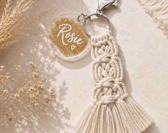 Custom cream macrame braided keyring - Bohemian Style Crochet Keychain With Woven Rope, Bag Charm