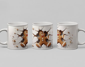 Gingerbread Man Mug Christmas 3D Cracked hole in a wall ceramic coffee cup, Run Run as fast as you can