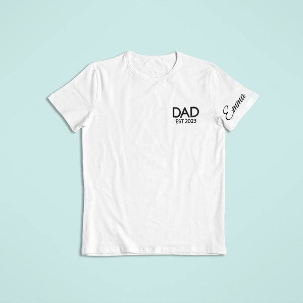 Personalised Dad shirt with EST year and kids name on sleeve, first Father's Day gift from children, expecting daddy birthday present