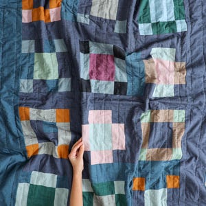 Könnte beinhalten: Eine handgefertigte Steppdecke mit Patchwork-Design. Die Steppdecke hat einen dunkelblauen Hintergrund mit Quadraten in verschiedenen Farben, darunter Orange, Rosa, Grün und Grau. Die Steppdecke ist aus weichem Stoff und hat eine gesteppte Textur.