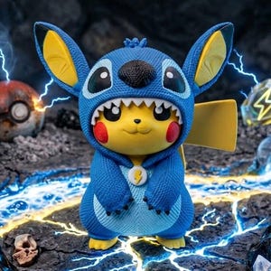 Könnte beinhalten: Eine gelbe Pikachu-Figur, die einen blauen Stitch-Kapuzenanzug mit großen Ohren, einer schwarzen Nase und einem kleinen Blitz-Emblem auf der Brust trägt. Die Figur steht auf einem dunklen, rissigen Untergrund mit leuchtenden blauen Effekten.