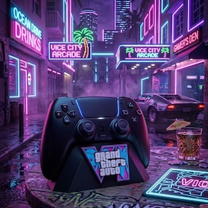 Op de afbeelding: Een zwarte gamecontroller op een standaard met het Grand Theft Auto VI-logo, geplaatst op een houten tafel met een drankje en pokerfiches, tegen een neonverlichte stadsachtergrond met borden van Vice City Arcade.