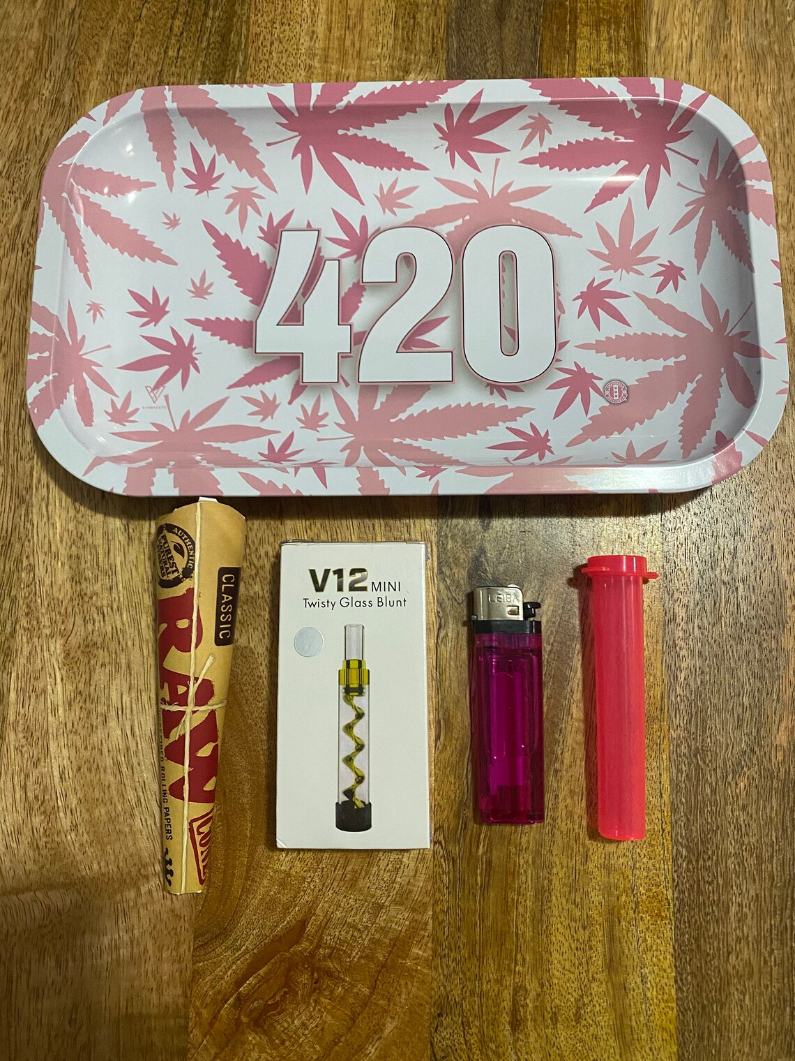 Pink 420 Rolling Tray Kit Lighter Raw Pre Rolled Cones Etsy